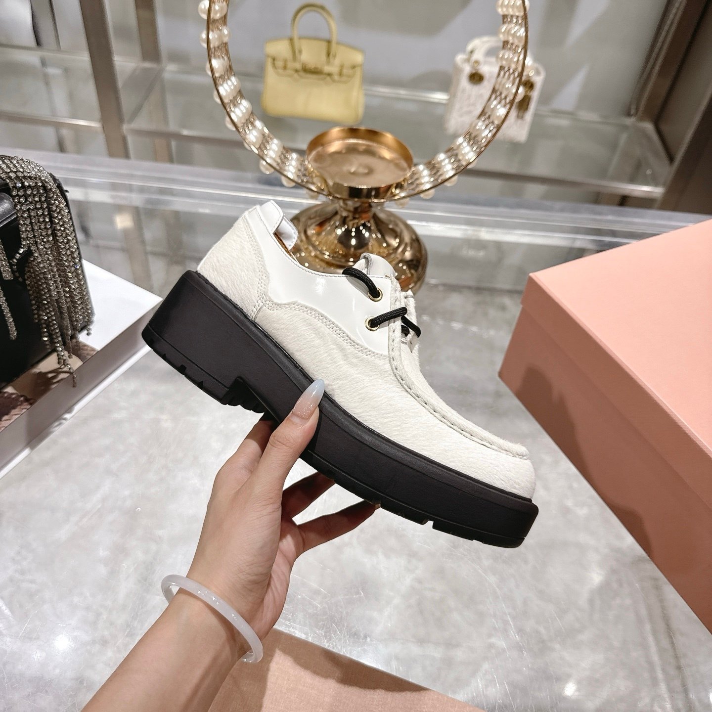 M1um1u  Leather And Calf Hair Leather Laced Shoes Ivory 5E964D 2Hio F0304 F D055