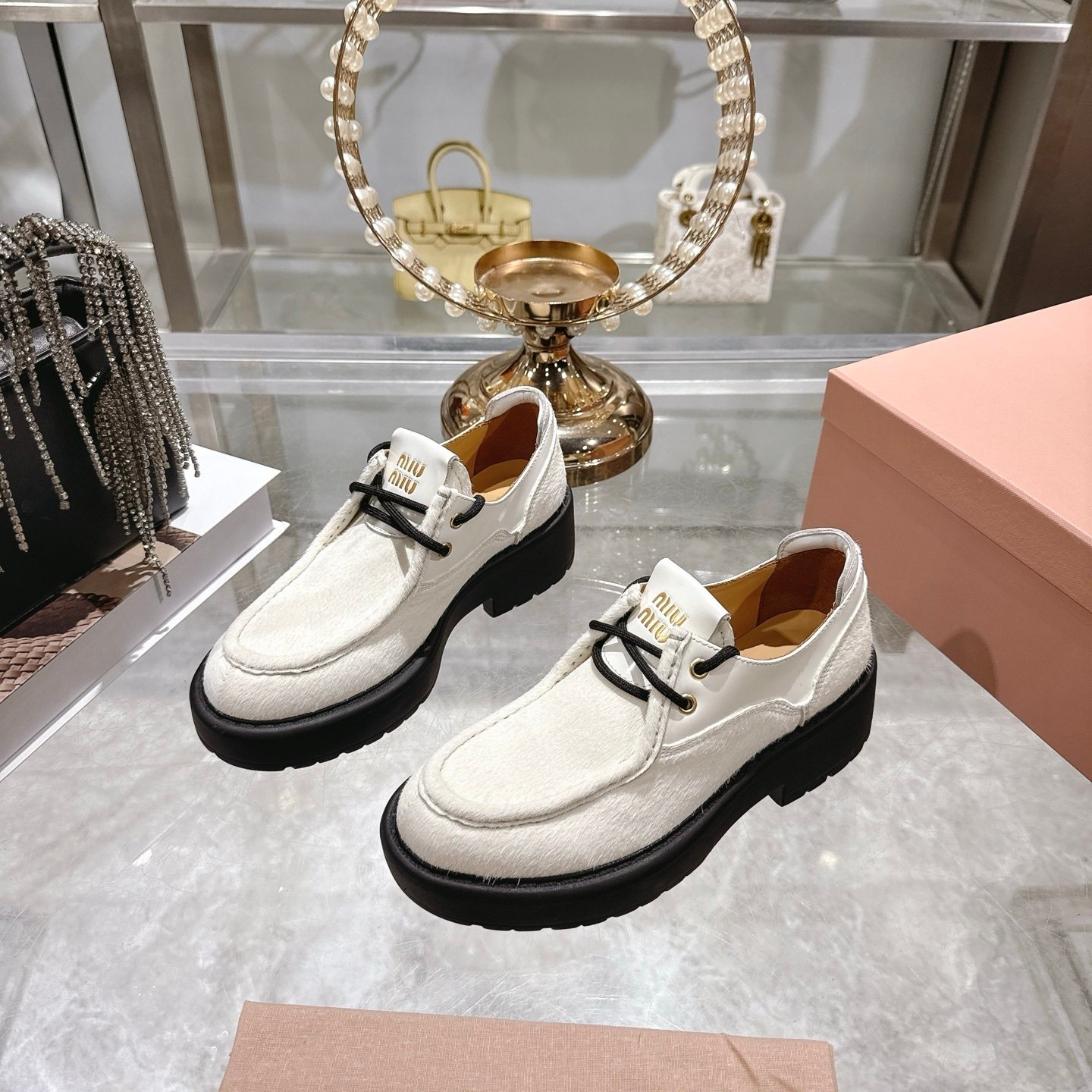 M1um1u  Leather And Calf Hair Leather Laced Shoes Ivory 5E964D 2Hio F0304 F D055