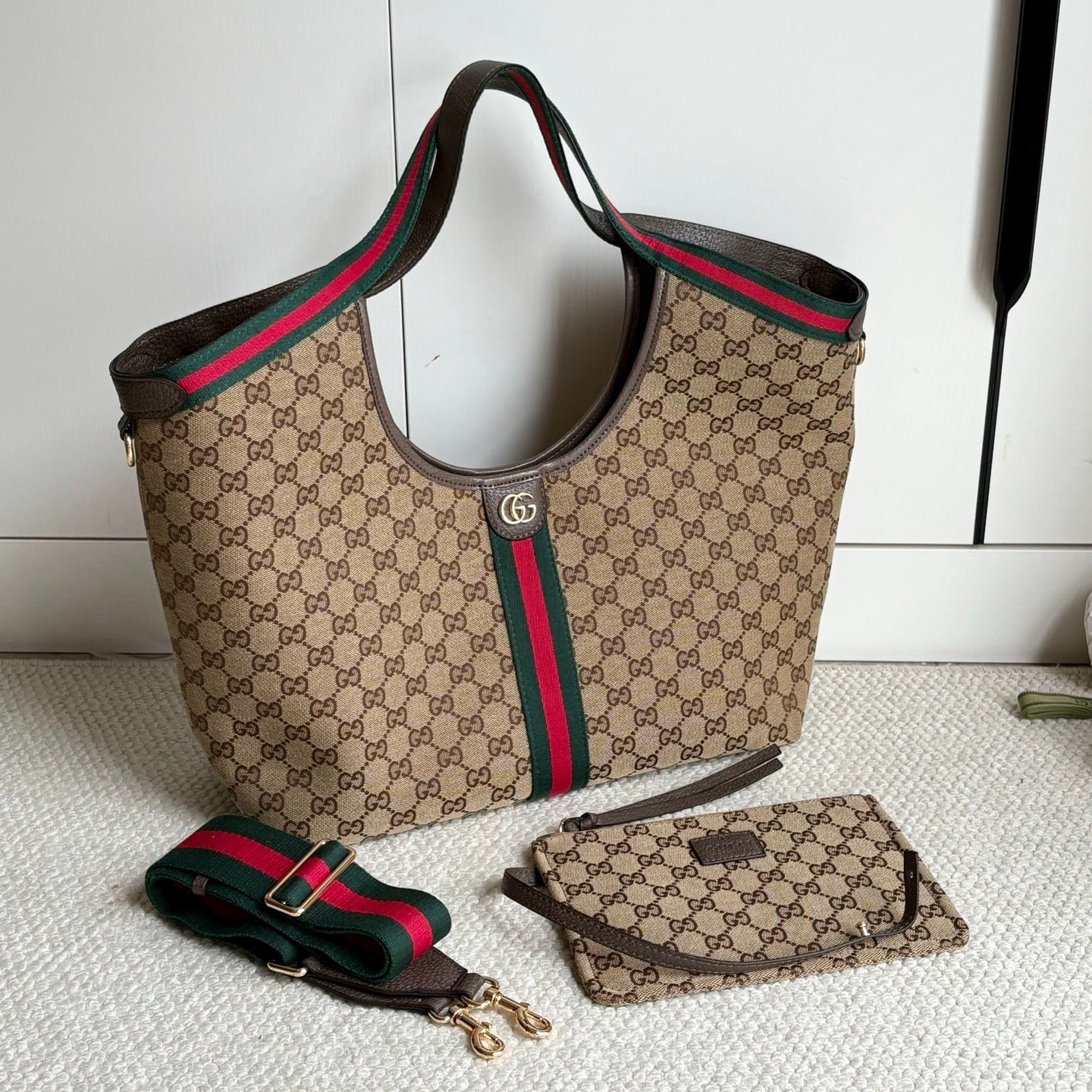 Gvc*1 Giglio Large Tote Bag Beige And Dark Brown Gg Canvas 60Cm 853971 Faffp 2547