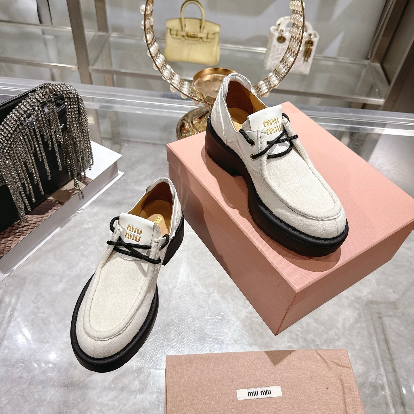 M1um1u  Leather And Calf Hair Leather Laced Shoes Ivory 5E964D 2Hio F0304 F D055