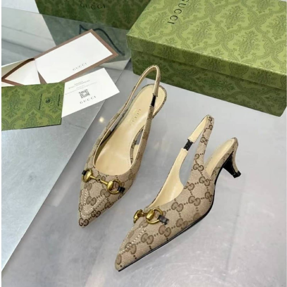 Gvc*1 Women’S Slingback Pump With Horsebit Gg Canvas Beige And Ebony 782627 2Hk80 9763