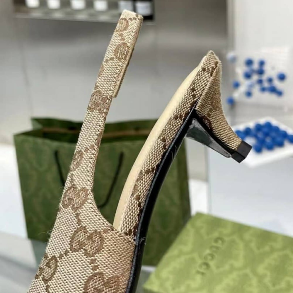 Gvc*1 Women’S Slingback Pump With Horsebit Gg Canvas Beige And Ebony 782627 2Hk80 9763